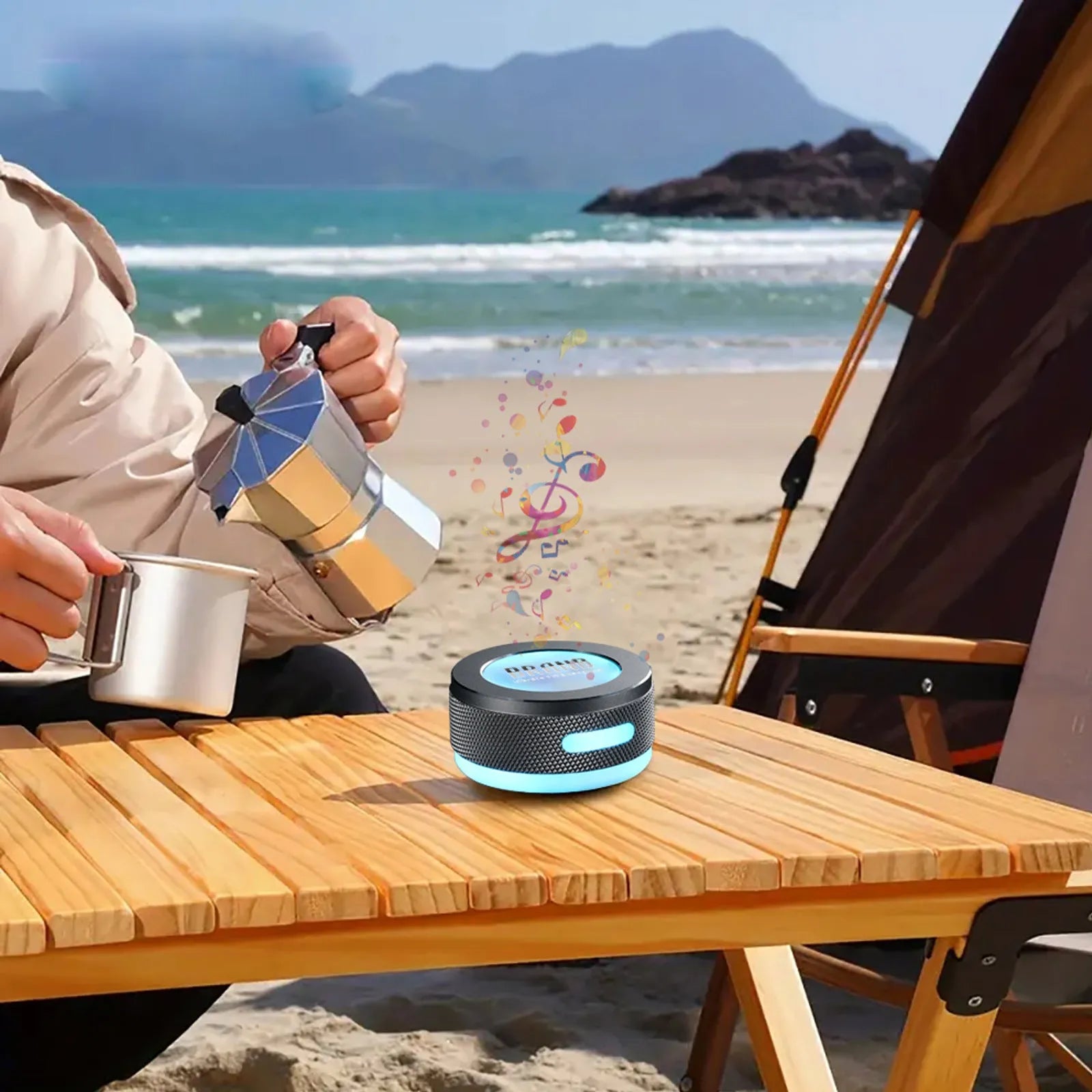 Small wireless bone conduction speaker with magnetic suction box and colour LED light in blue