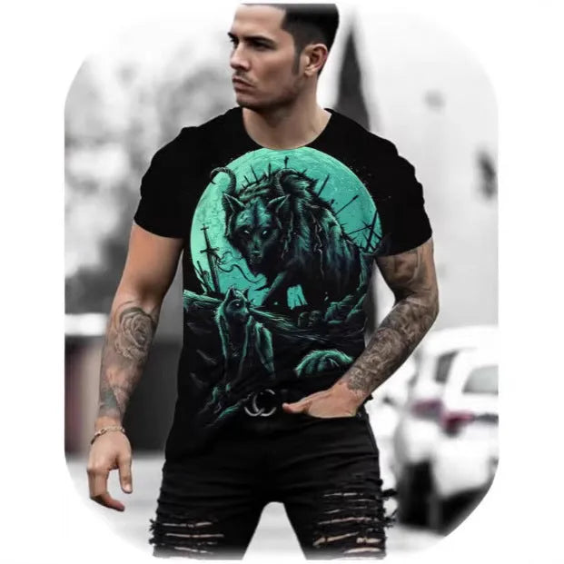 Retro 3D animal print on a men's short-sleeved light blue T-shirt made from polyester bird eye cloth.