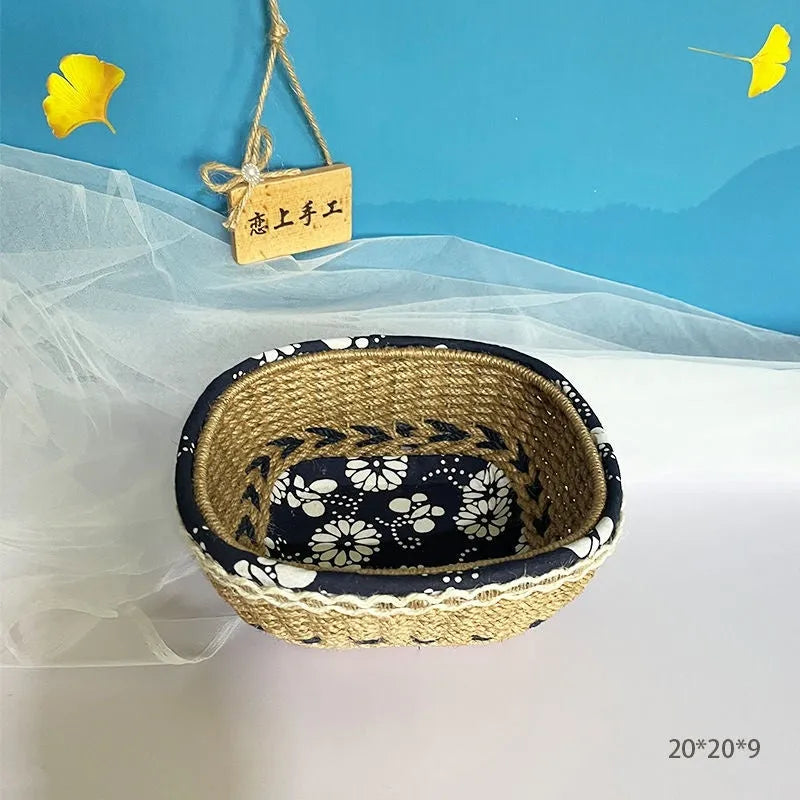 Blue square plastic hand-woven storage basket on a wooden table.