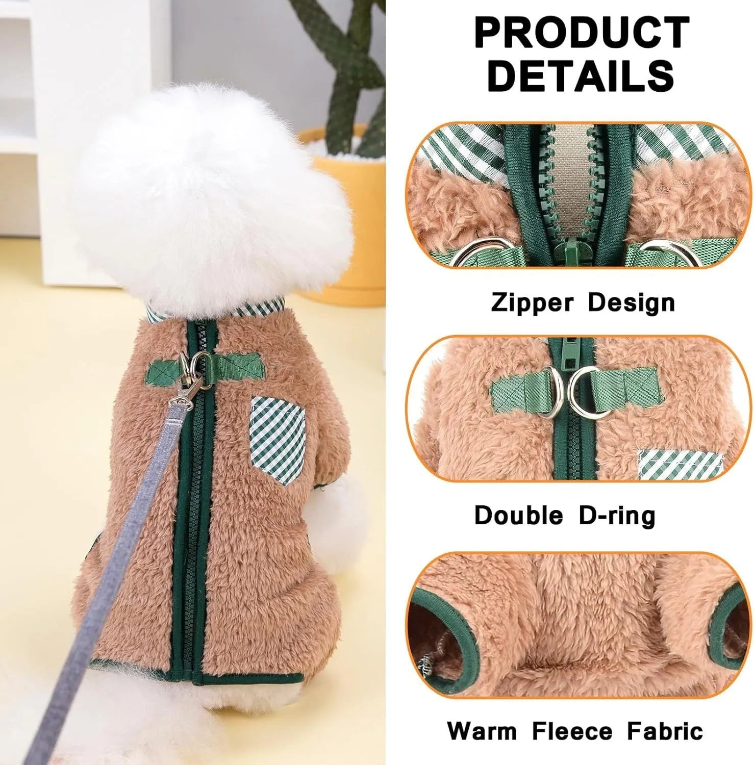 Green fleece dog coat with back zipper and D-rings on small dog