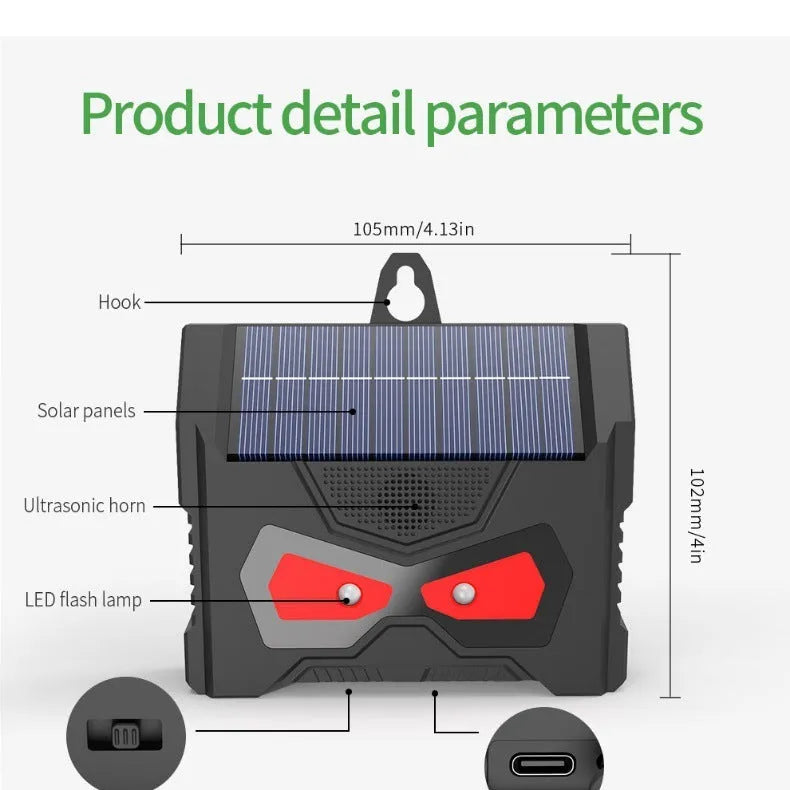 Black outdoor solar ultrasonic animal repeller device with motion detection for garden pest control