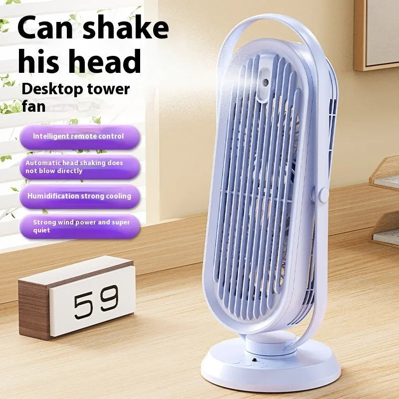 White USB tower fan with humidifier and remote control on a desk