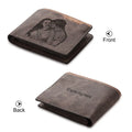 Coffee colour engraved horizontal short wallet showing seven card slots and custom text personalisation option