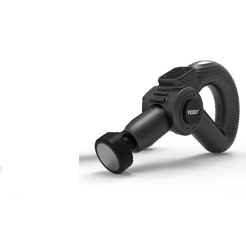 Black smart muscle massage gun with five interchangeable massage heads on a table.