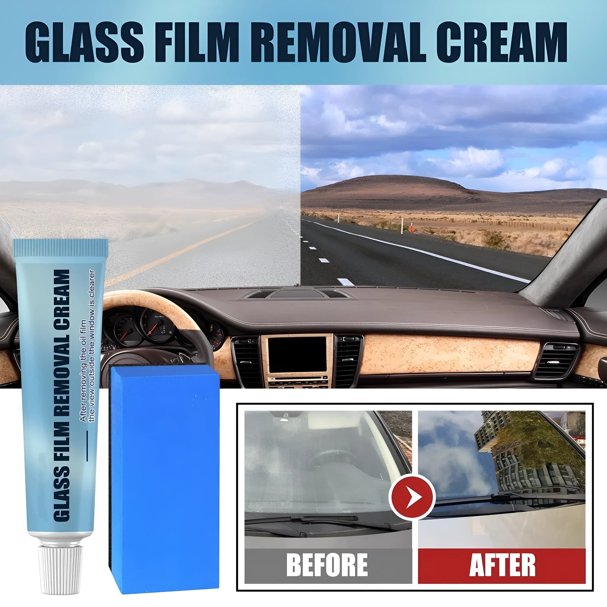 Blue car glass oil film remover stick and soft sponge brush for windshield cleaning.