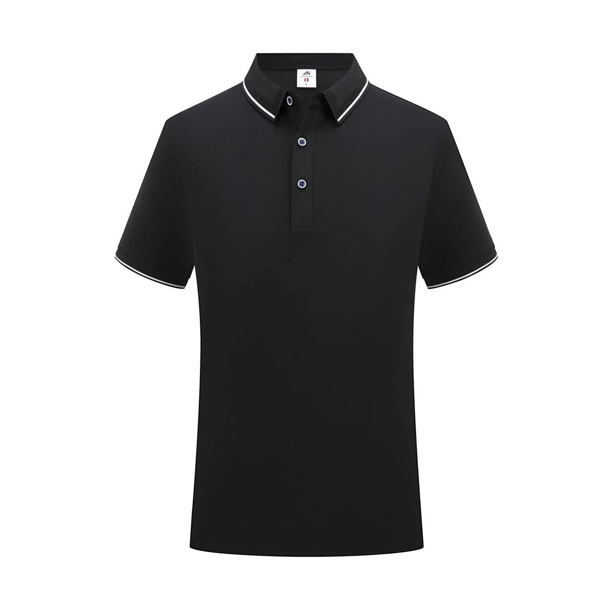 Short-sleeved beautician work polo shirt in light blue on a hanger.