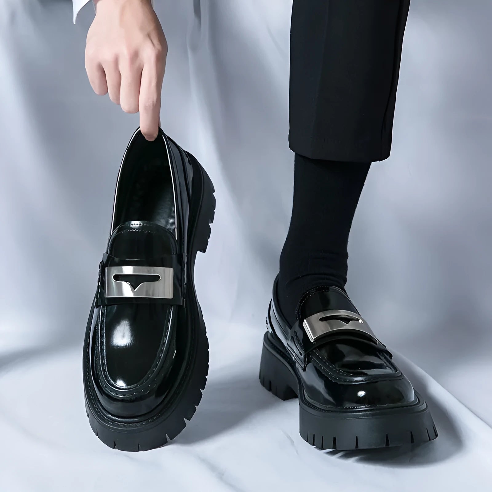 Men's glossy black platform loafers with hidden heel for summer wear