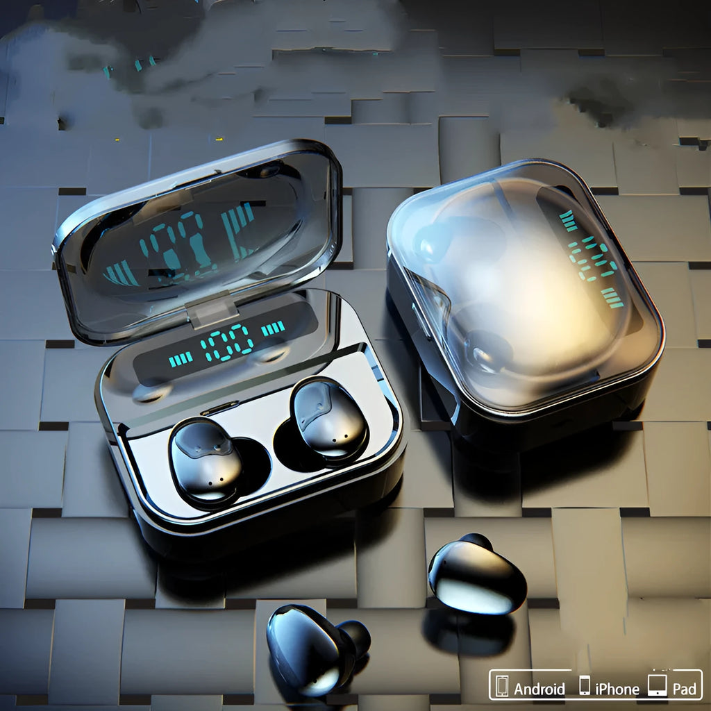 X7LED black and white sports Bluetooth in-ear headphones with USB charging case on a table
