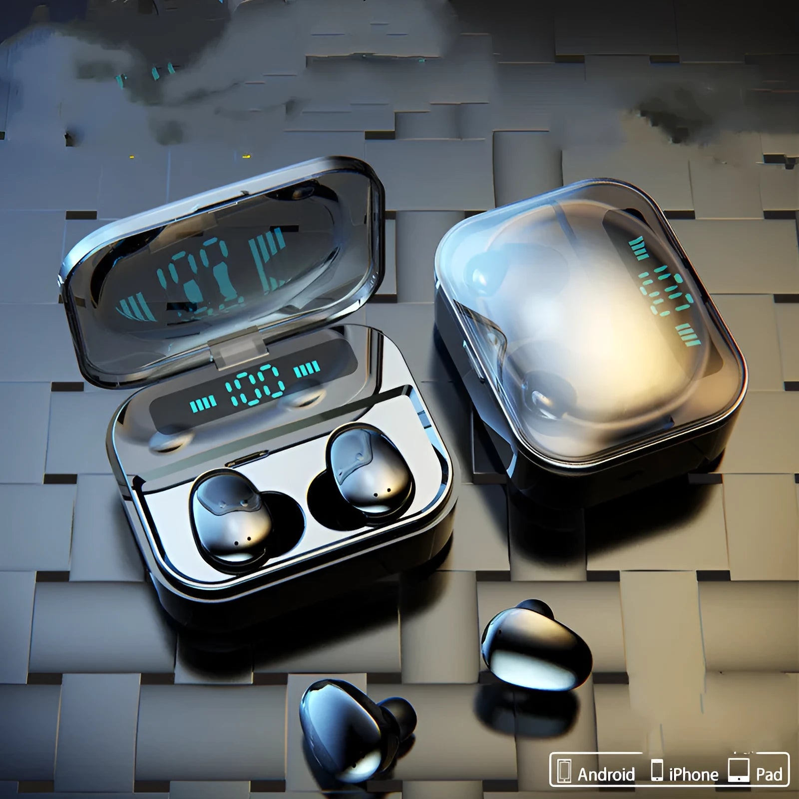 X7LED black and white sports Bluetooth in-ear headphones with USB charging case on a table