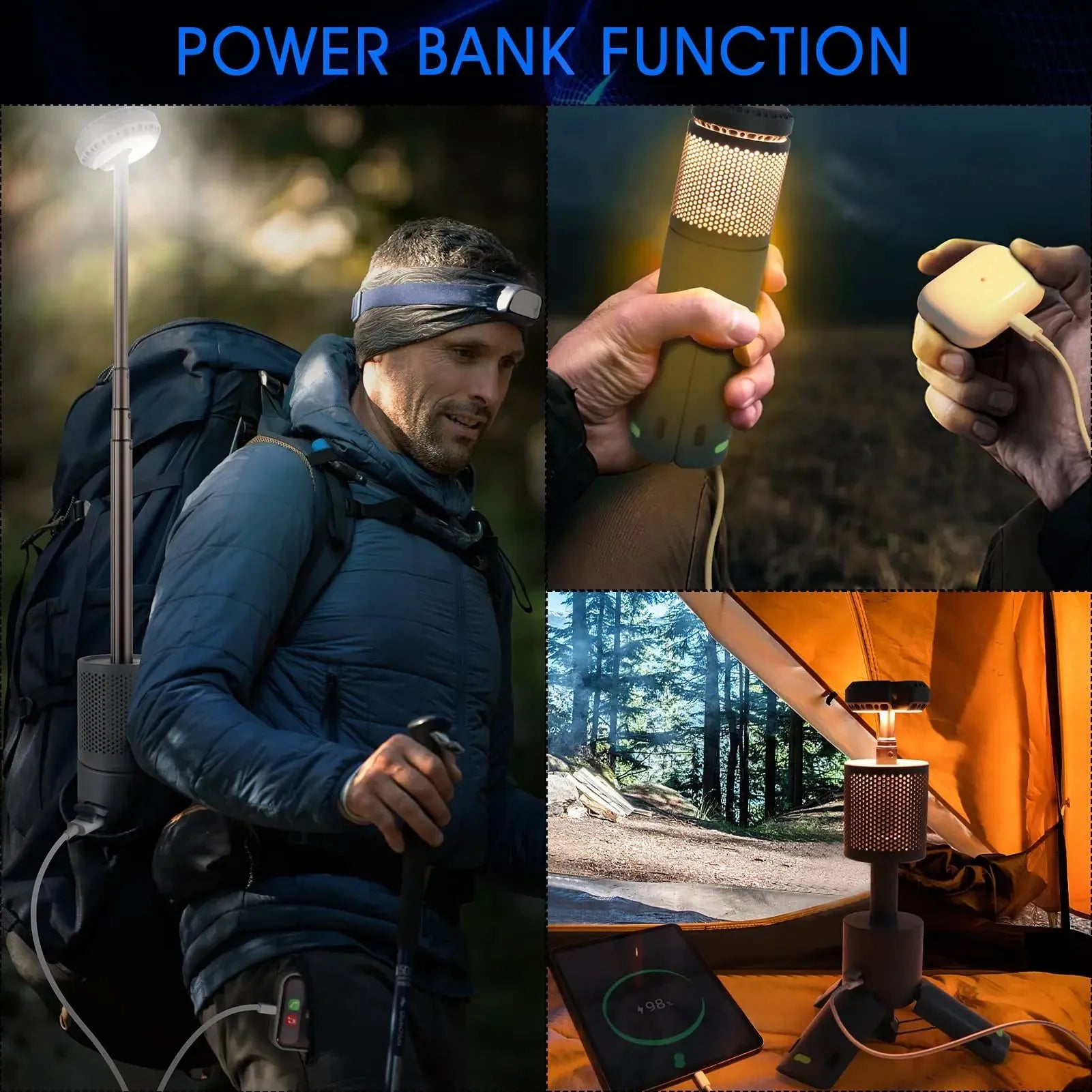Portable LED camping lantern in creamy white or dark grey with battery power and button switch