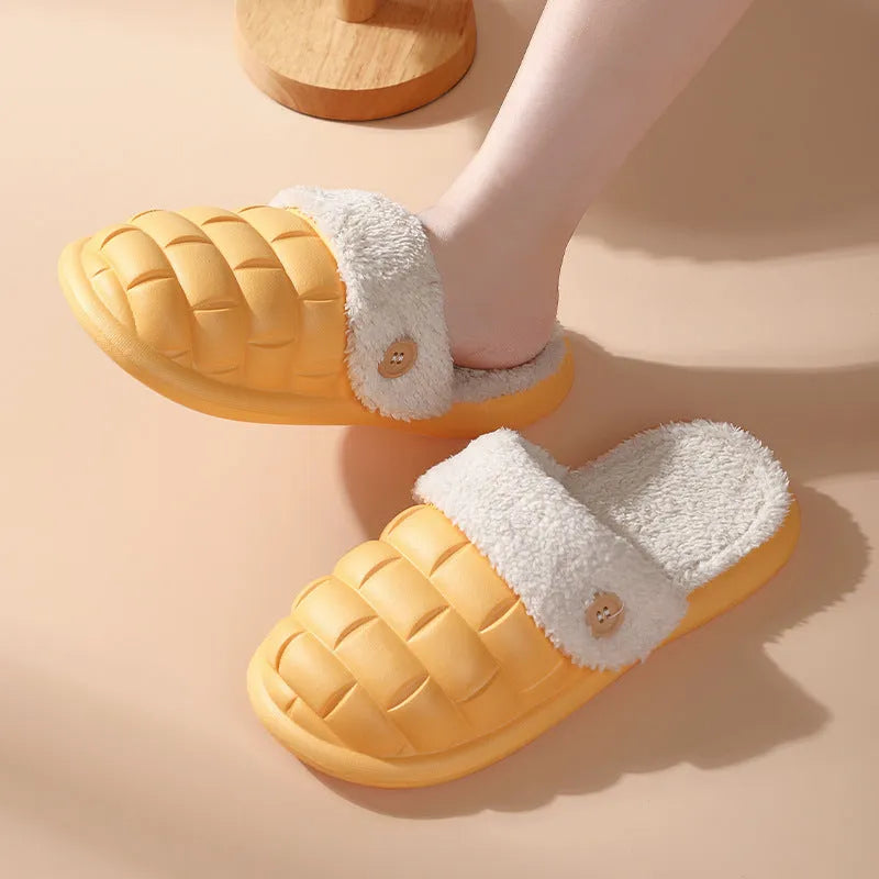 Plaid detachable EVA house slippers with plush lining, shown in multiple colours on a white background.