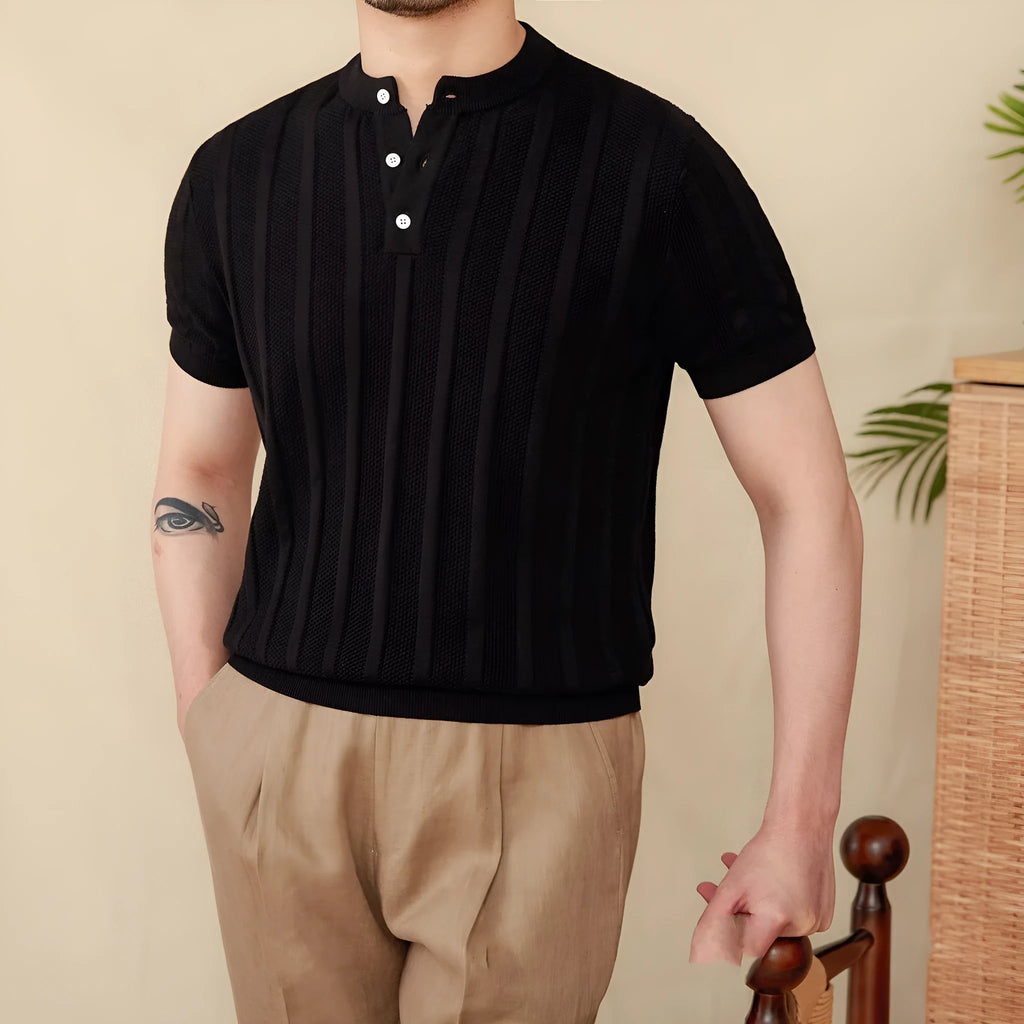 Men's creamy-white Henry collar cotton T-shirt with sunken stripe design on thin fabric.