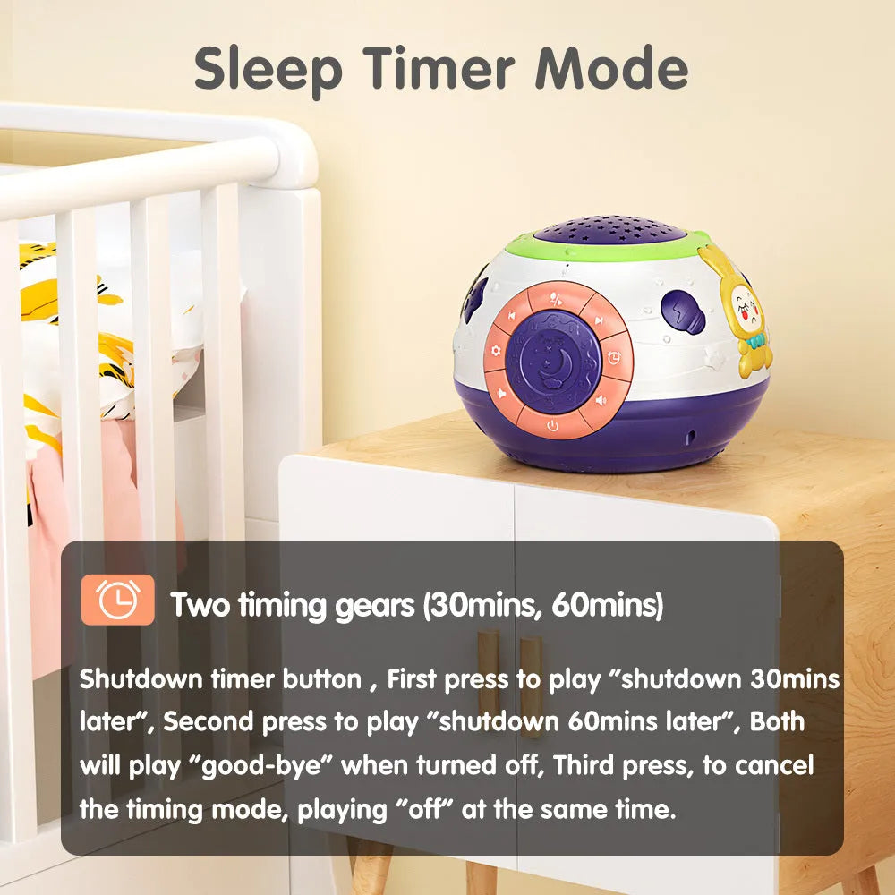 White starry sky night light projector for children on a table, showing colourful light projection.