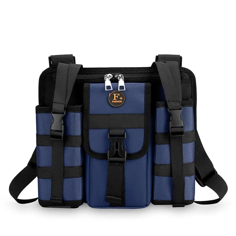 Oxford cloth leisure shoulder messenger bag in black showing dimensions and outdoor features