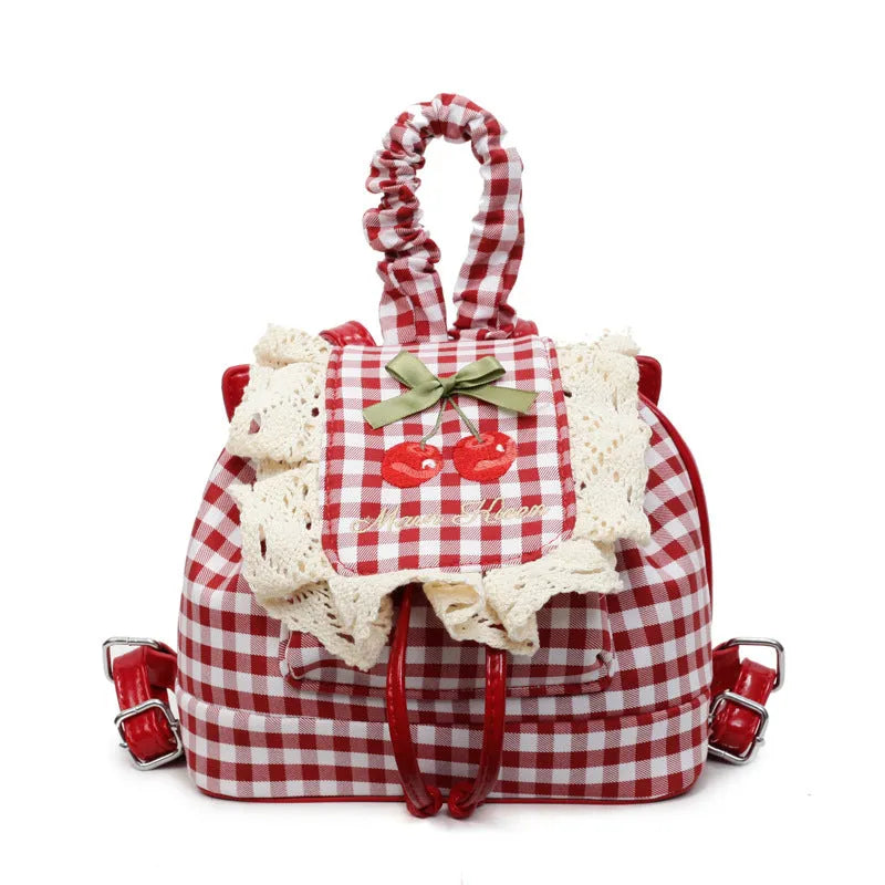 Sweet lace mini checkered backpack in cotton plaid with three-dimensional outer pocket and zipper interior