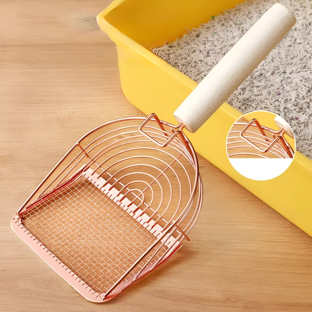 Stainless steel cat litter shovel with a long wooden handle