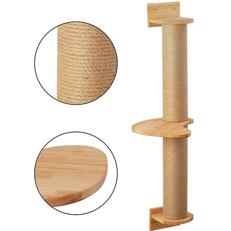 Wooden cat climbing frame mounted on wall with natural wood colour finish