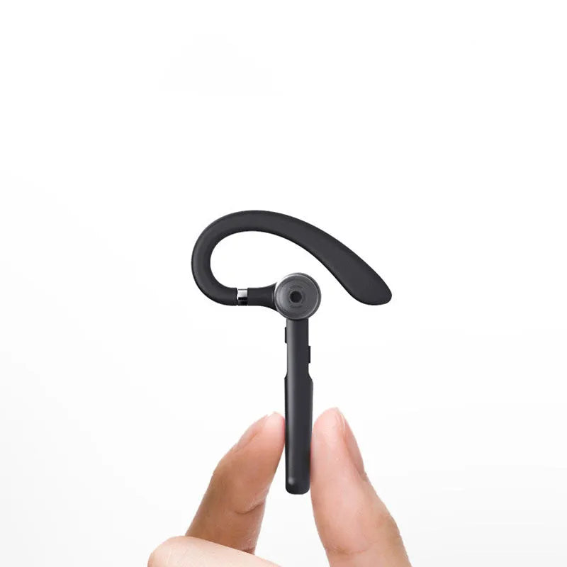 Black mono Bluetooth headset with a hook for hanging over the ear.