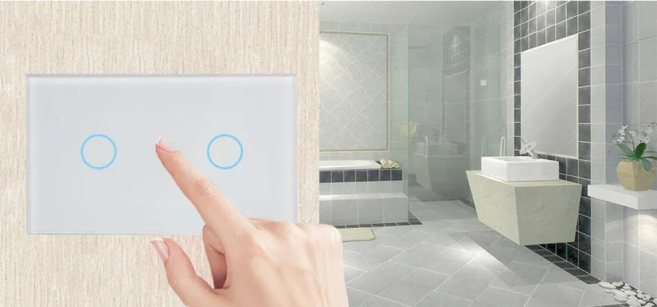 Tempered glass 2-gang touch light switch with RF remote control in black, white or gold finish