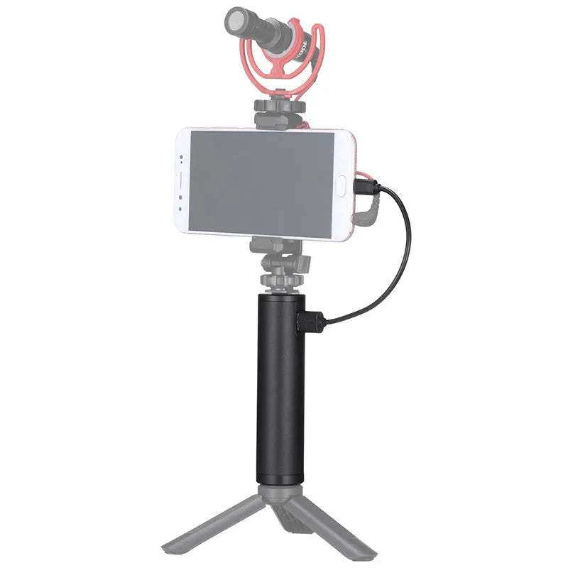 Black aluminium alloy charging treasure handle portable power bank showing size and USB port.