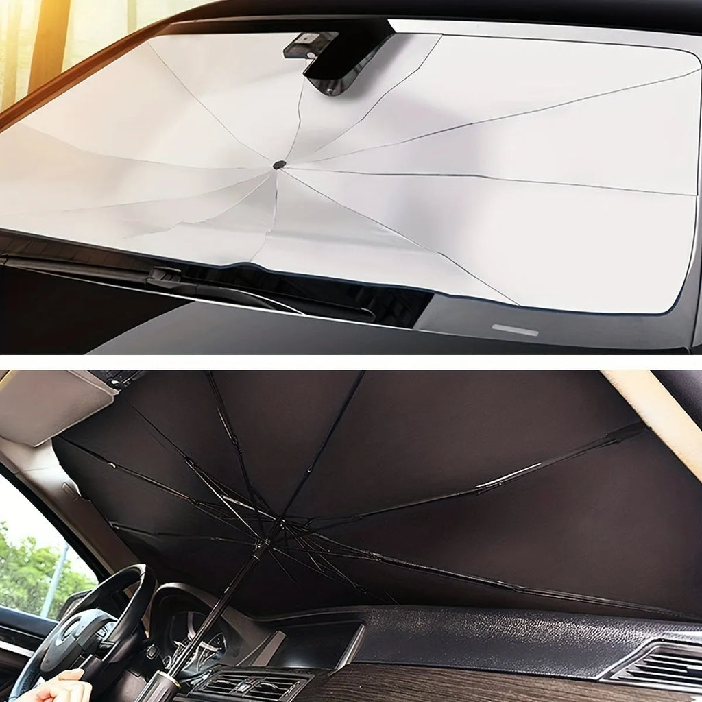 Foldable car windshield sunshade umbrella showing automatic folding mechanism and UV protection