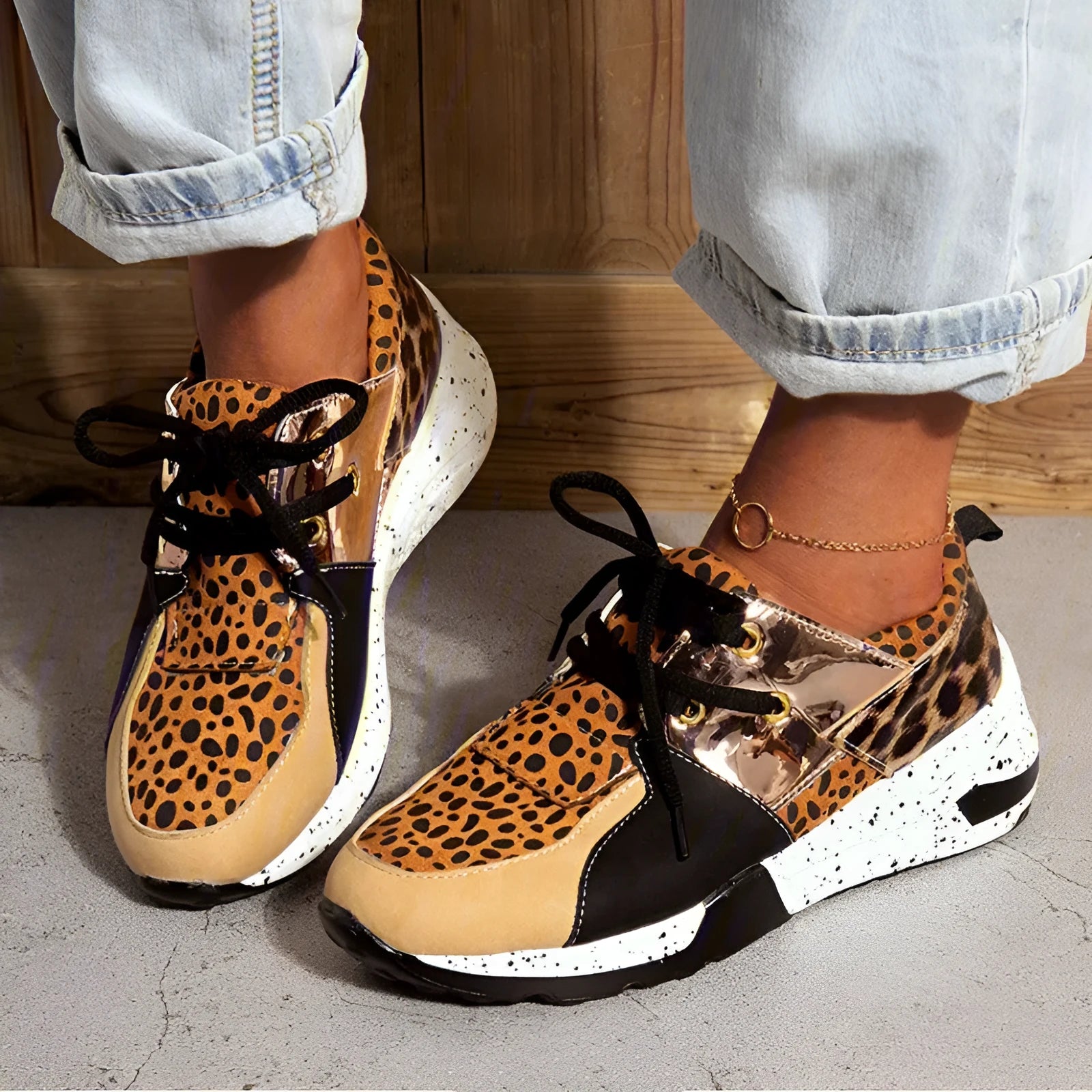 Women's casual sneakers with wedge heel in leopard print, suede upper, and plastic sole