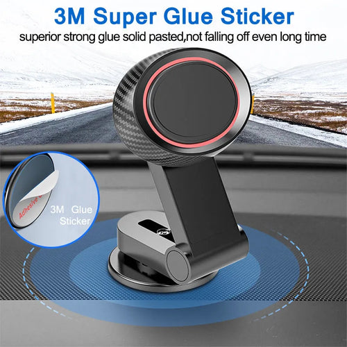 360 degree rotating magnetic car phone holder with sticky base, black, 55x40x95mm, holding a smartphone on a car dashboard