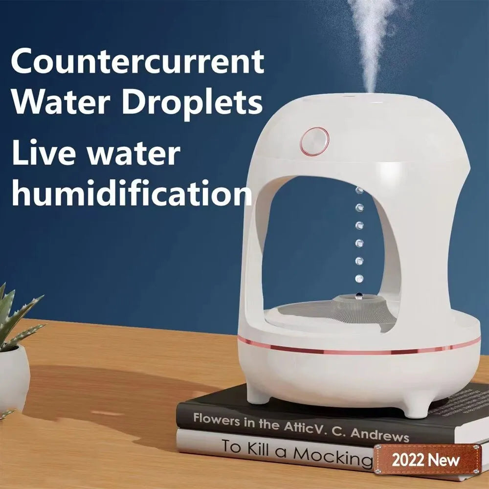Levitation humidifier with floating water drops and LED night light in columnar design