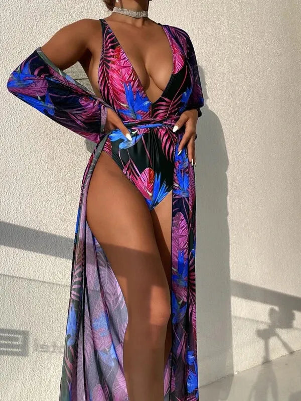 Three-piece women's swimsuit bikini set with cover-up coat in pattern design