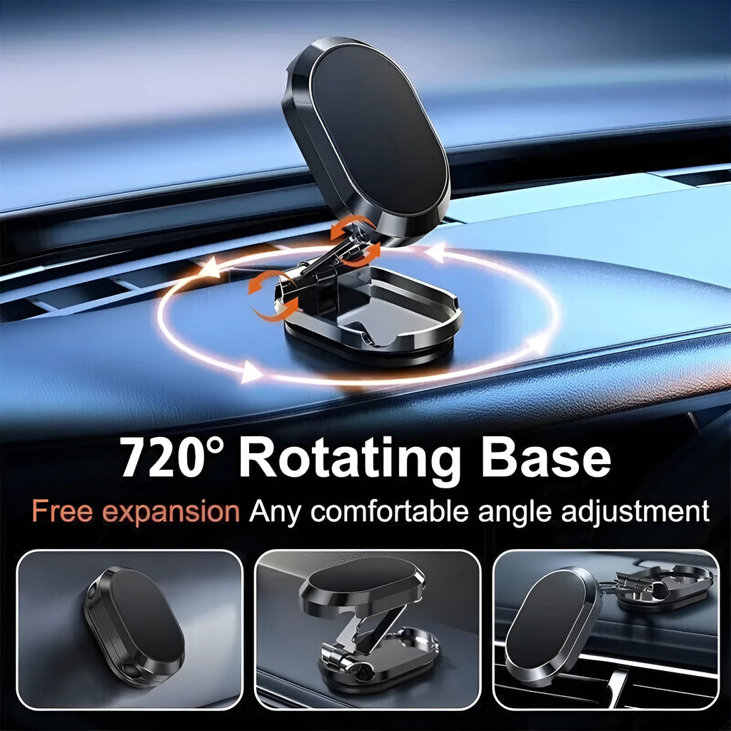 Stainless steel chrome magnetic car phone holder with folded and extended views on a dashboard.