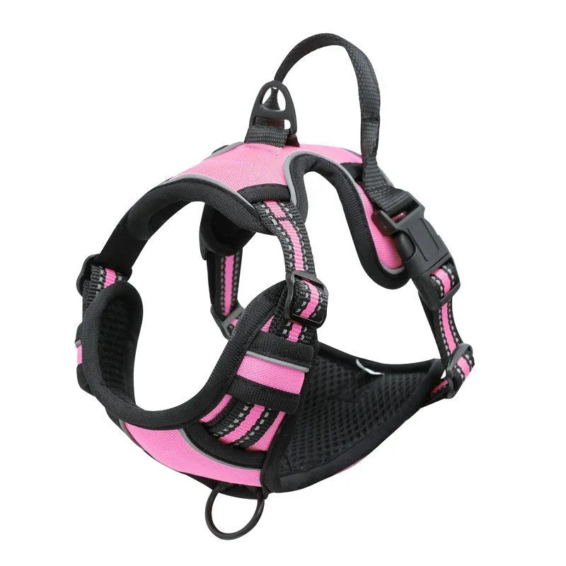 Adjustable Oxford cloth dog harness with a control handle on the strap, shown in a choice of colours.