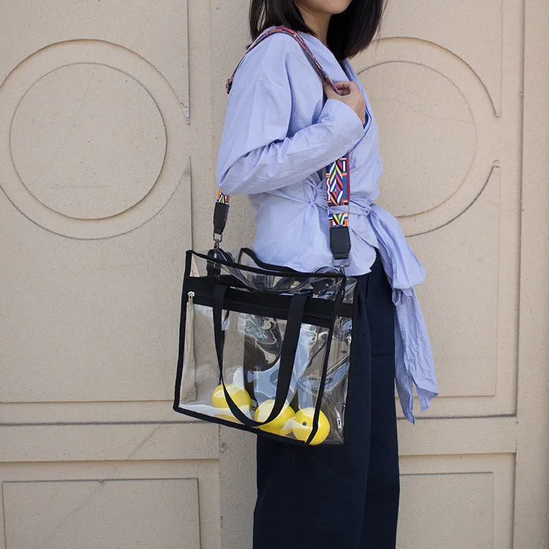 Women's transparent PVC shoulder messenger bag in brown with side net pocket and double strap connectors