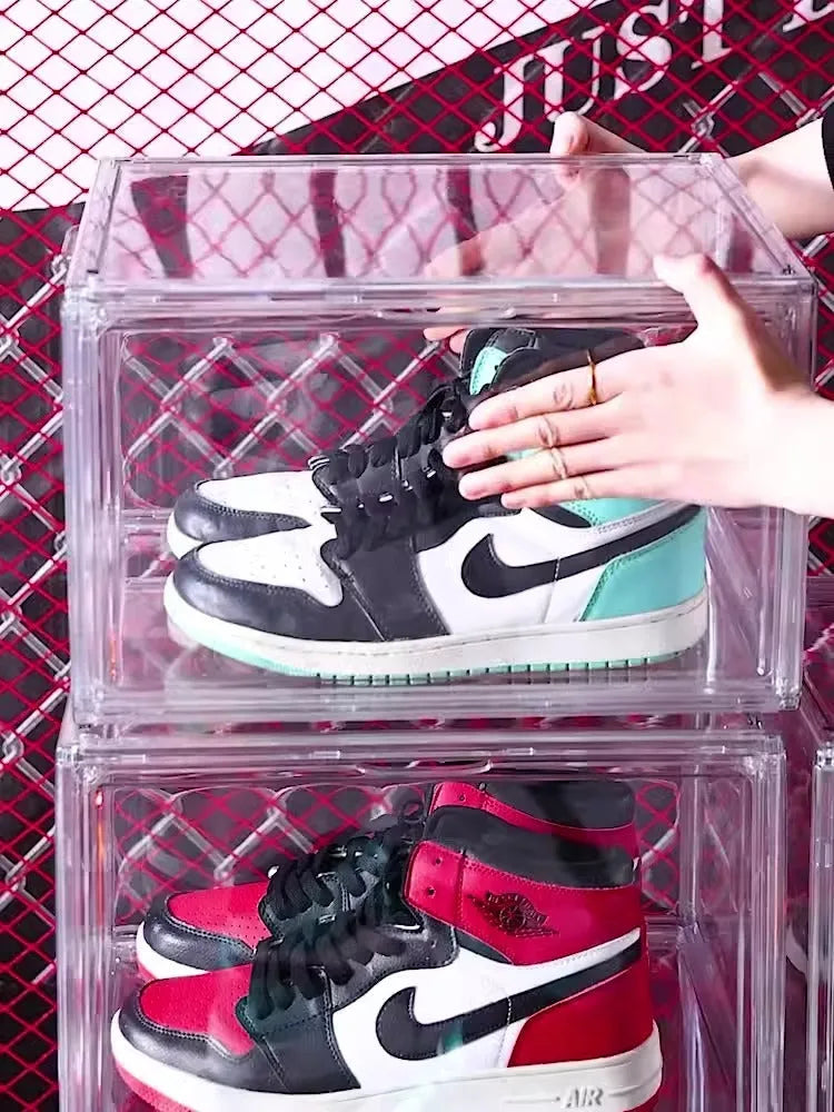 Clear acrylic shoe storage box with magnetic side door and lid