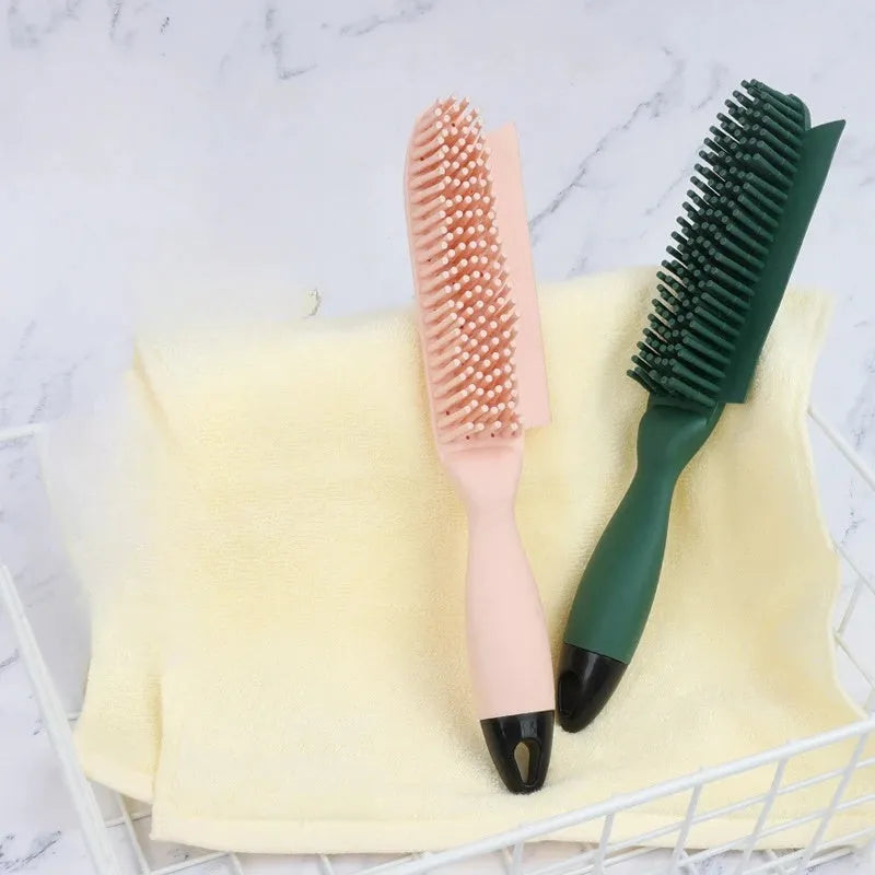 Green dog brush with pet hair remover and massage function next to wool sticker for fabric cleaning