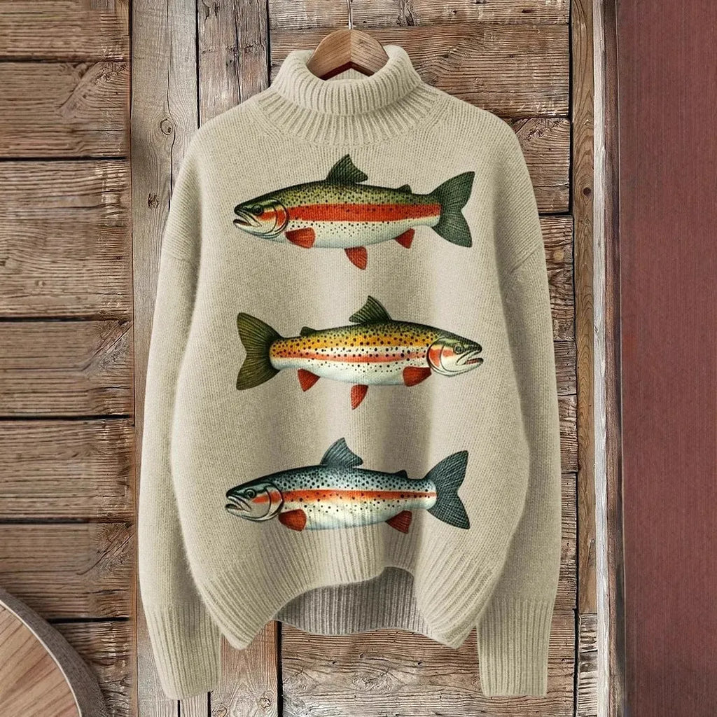 Women's Christmas printed turtleneck sweater in loose-fit casual style with long sleeves