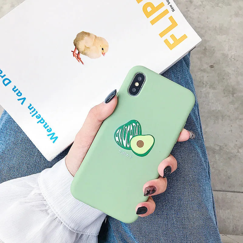 Avocado cartoon design on a green flexible TPU case for an Apple iPhone.