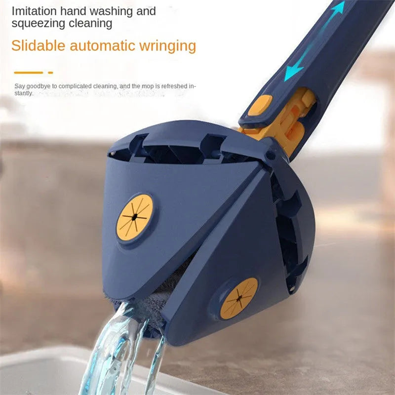 Blue triangular cleaning mop with a 360-degree rotating head and extended stainless steel pole on a tile floor.
