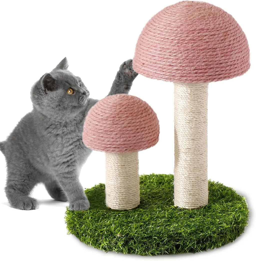 Pink mushroom-shaped cat scratching post with sisal caps for small cats