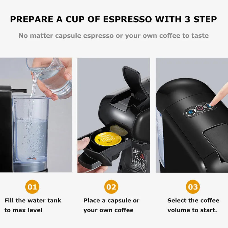 Black semi-automatic Italian style pump coffee machine with 600ml tank and ABS body on a kitchen countertop