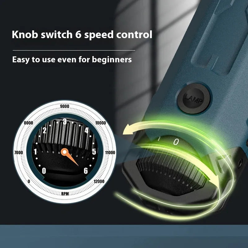 Dark blue USB-powered pet nail grinder with LED light and 6-speed rotary control knob