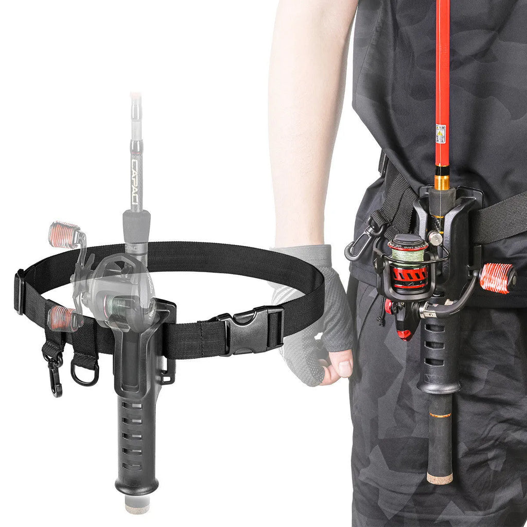 Fishing rod belt support bracket in black nylon, waist-mounted holder for rods with handle diameter under 3.5cm