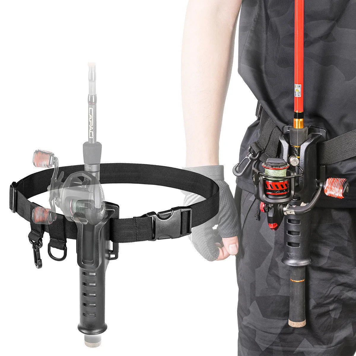 Fishing rod belt support bracket in black nylon, waist-mounted holder for rods with handle diameter under 3.5cm