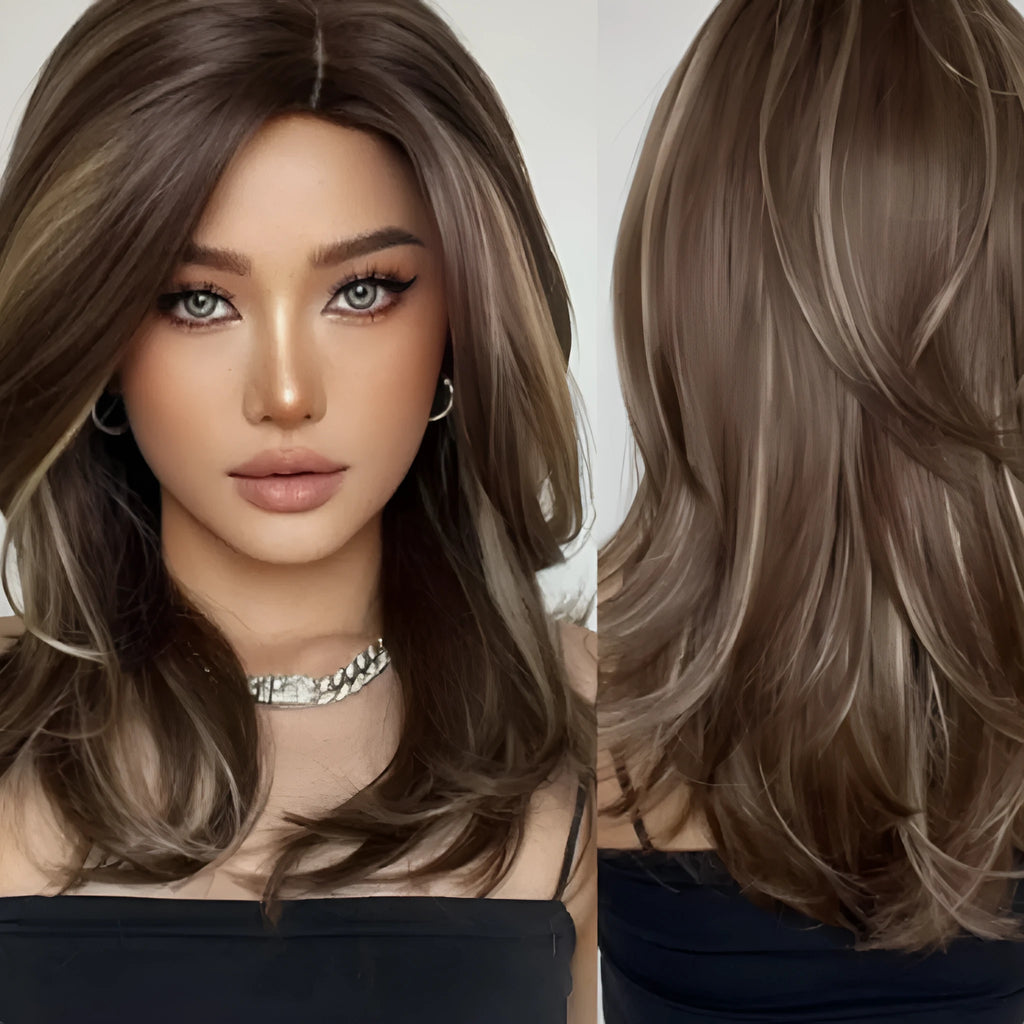 Mid-length platinum gradient colour curly wig with long bangs in star fashion style