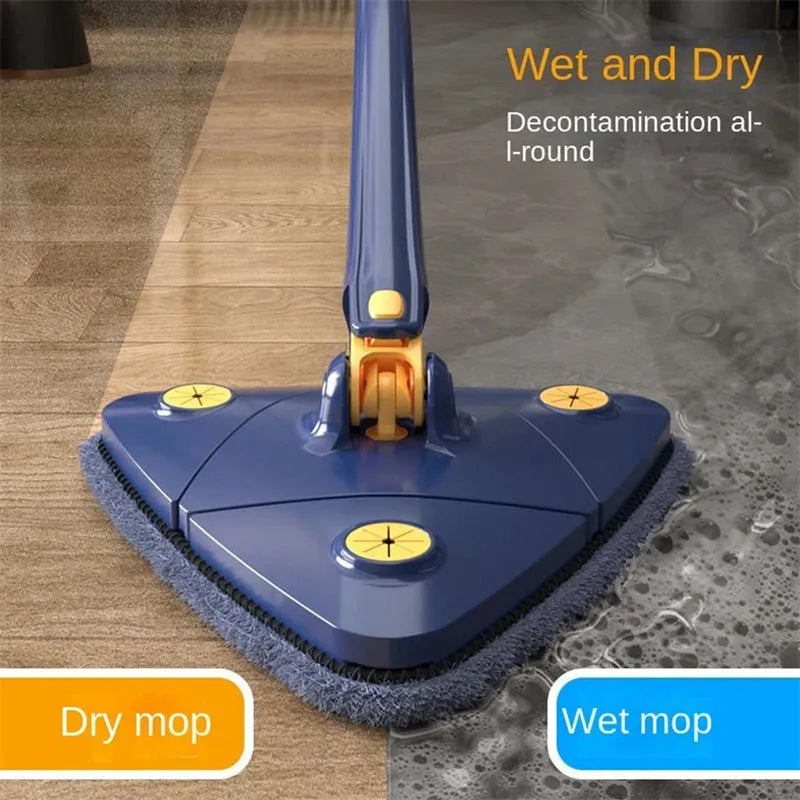 Blue triangular cleaning mop with a 360-degree rotating head and extended stainless steel pole on a tile floor.