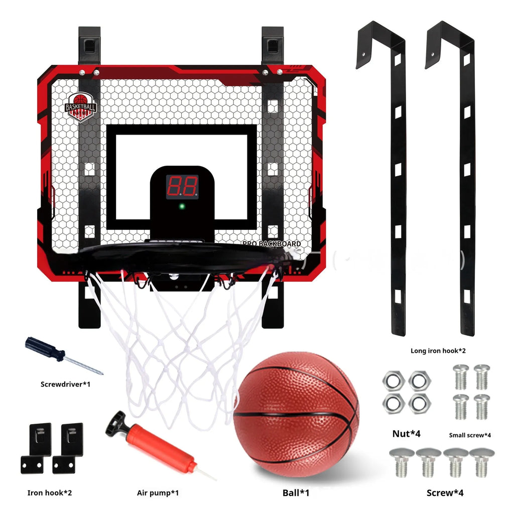 Red and blue folding basketball frame with suction cup and hook, shown as a dunk target and ball rack.