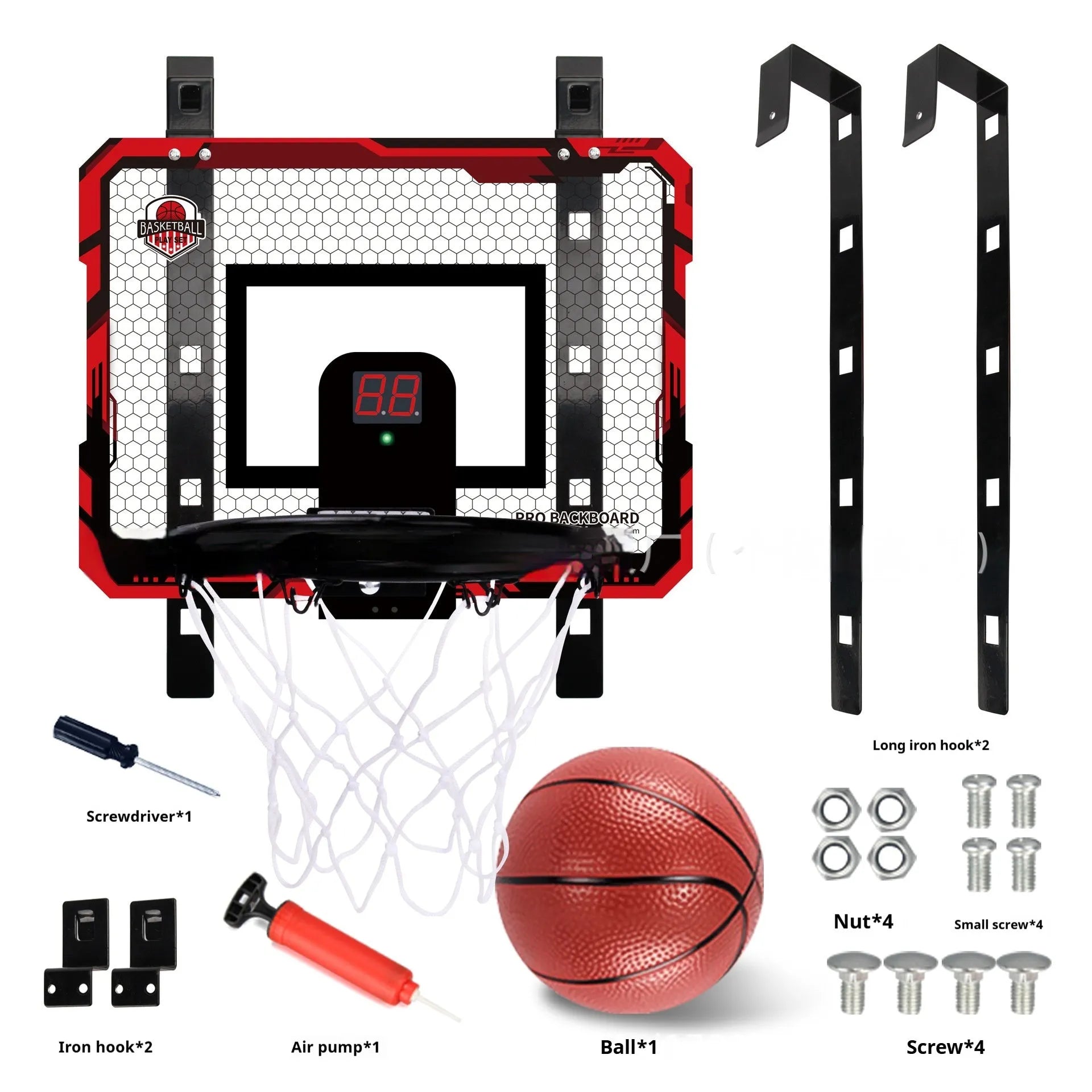 Red and blue folding basketball frame with suction cup and hook, shown as a dunk target and ball rack.