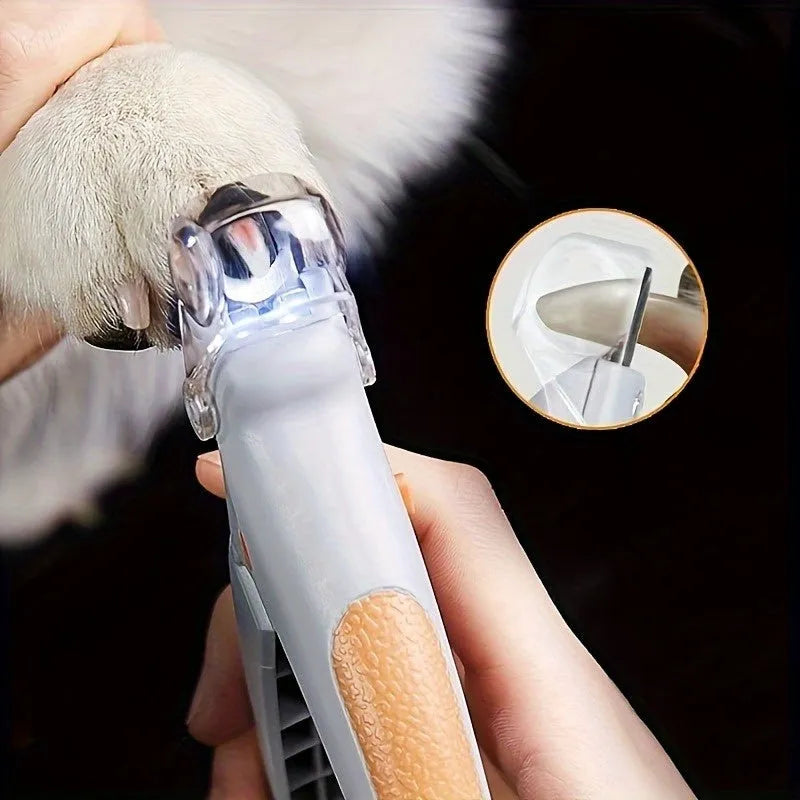Yellow LED pet nail trimmer with magnifying glass, shown with four lights on and nail catcher.