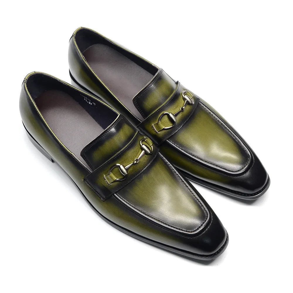 Men's cowhide leather shoes with pointed toe, horseshoe heel, plaid print in black and green options