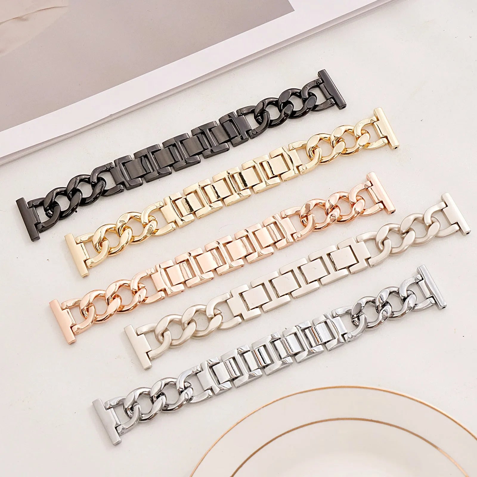 Denim chain link metal strap for Apple Watch in silver, black, gold, rose gold, or Starlight colour.