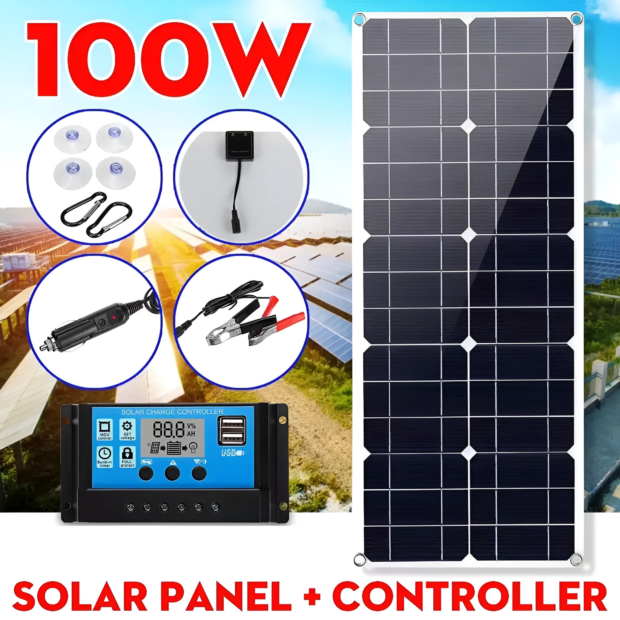 30W semi-flexible outdoor solar charging panel showing USB port and 18V output cable